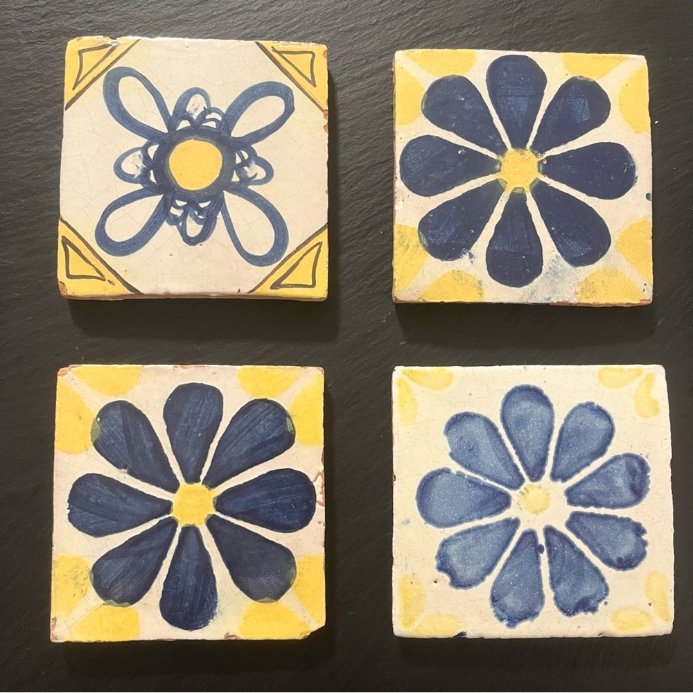 Mexican Hand Painted Terra-Cotta Talavera Vintage Tiles Set of 4